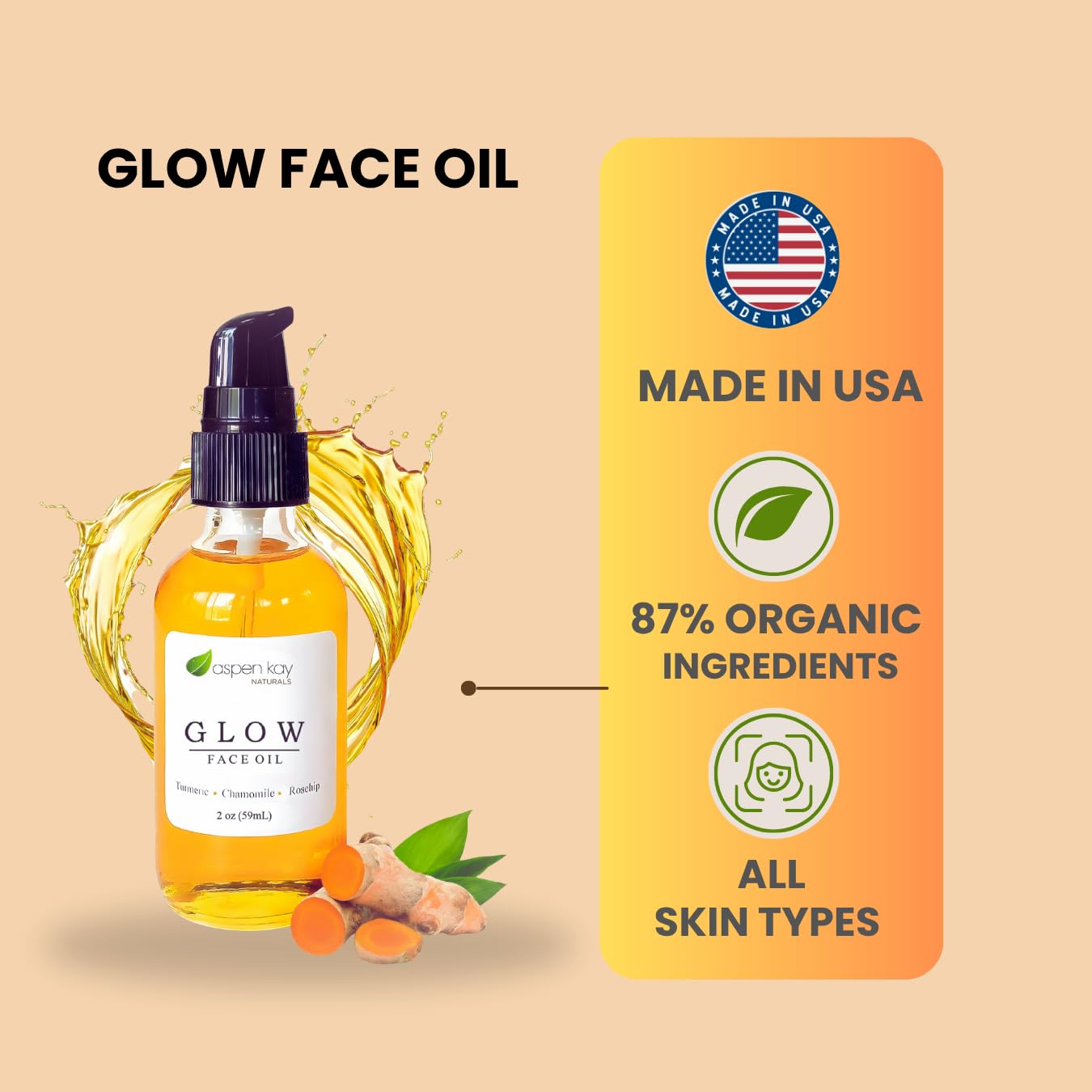 Aspen Kay Naturals Glow turmeric-rosehip bottle with dropper emphasizes concentrated, long-lasting hydration.