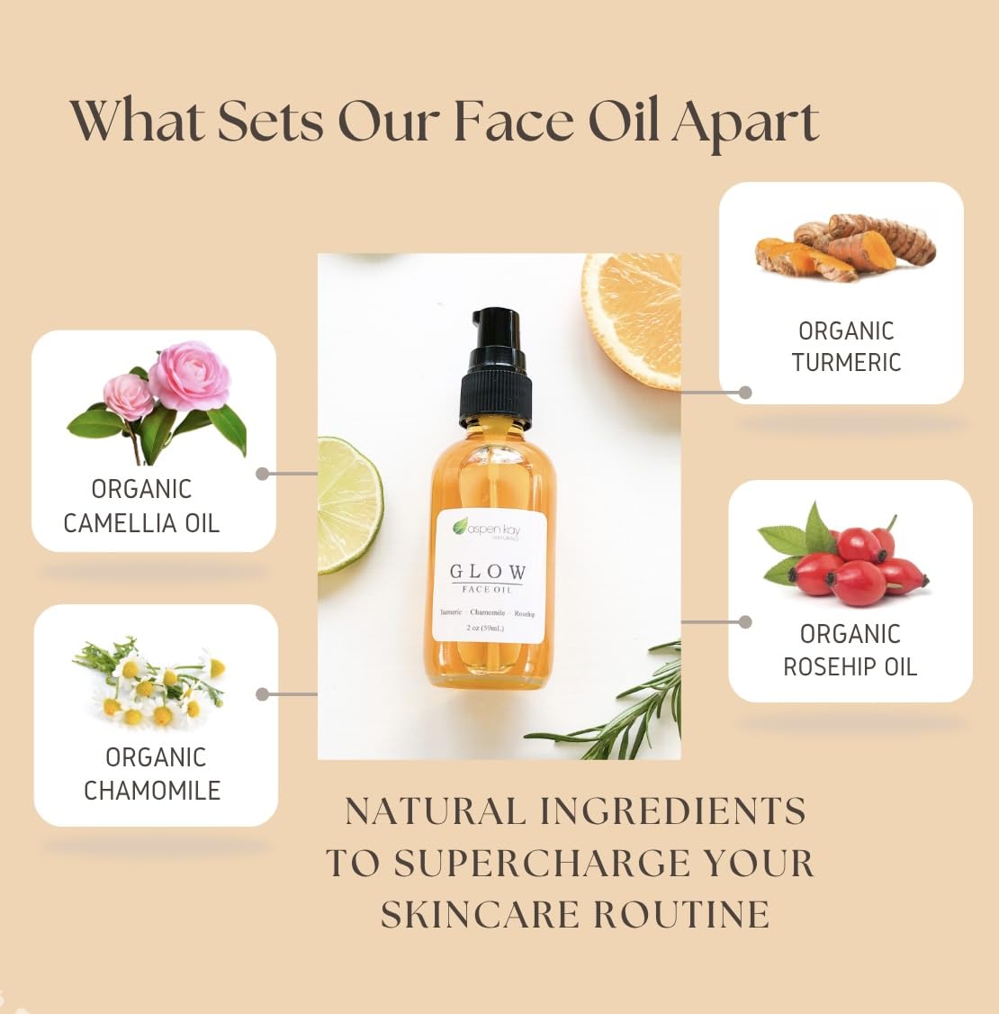 Aspen Kay Naturals Glow face oil dropper highlights camellia and rosehip for deep hydration.