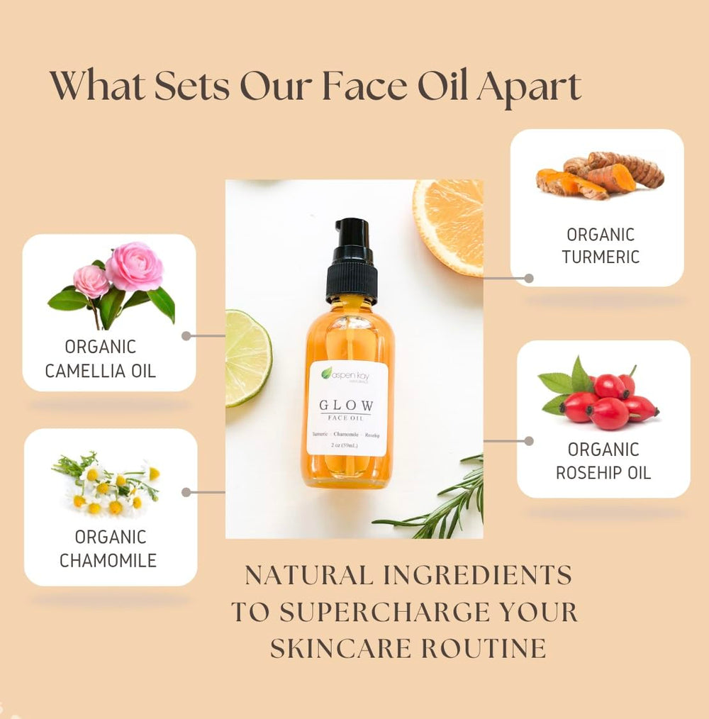 Aspen Kay Naturals Glow face oil dropper highlights camellia and rosehip for deep hydration.