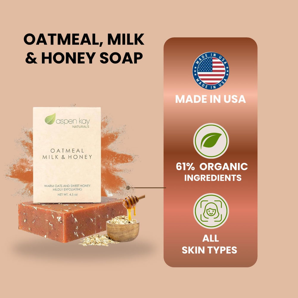 Aspen Kay Naturals soap bar ingredients closeup highlighting organic oats and honey