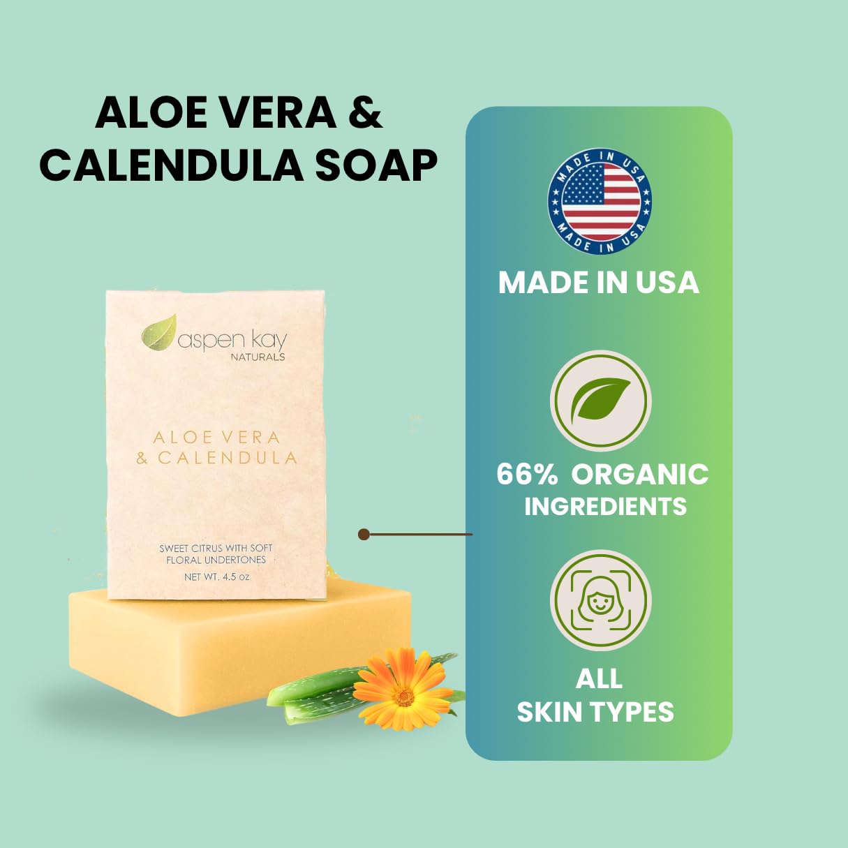 Aspen Kay Naturals organic ingredients label highlighting aloe calendula turmeric