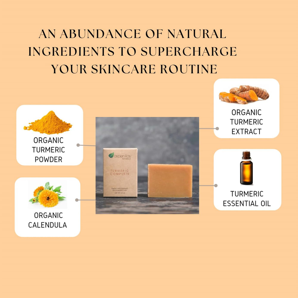 Aspen Kay Naturals Turmeric Soap ingredients close-up featuring turmeric and oils.
