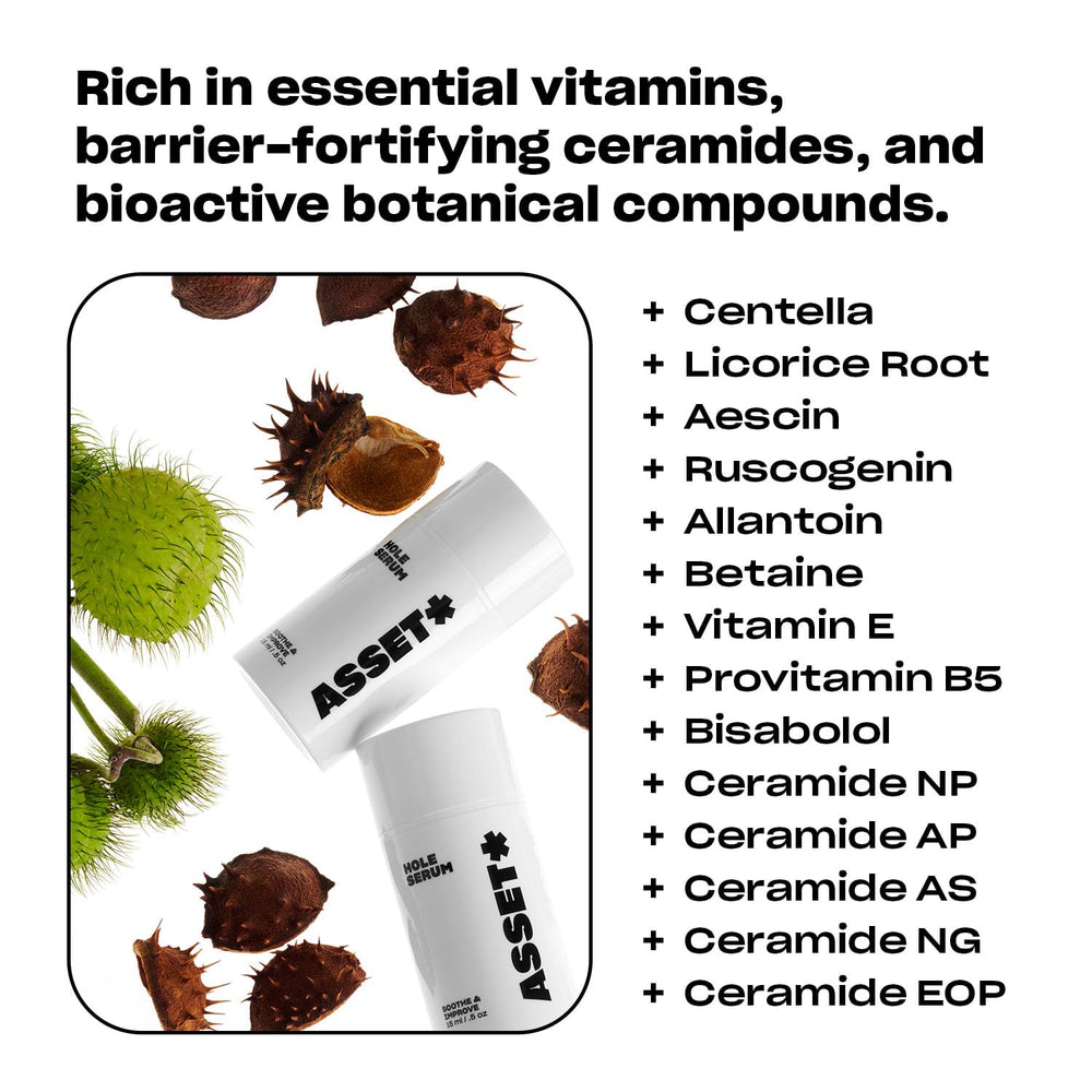Asset Hole Serum application routine demonstrates soothing aftercare for waxing or shaving.