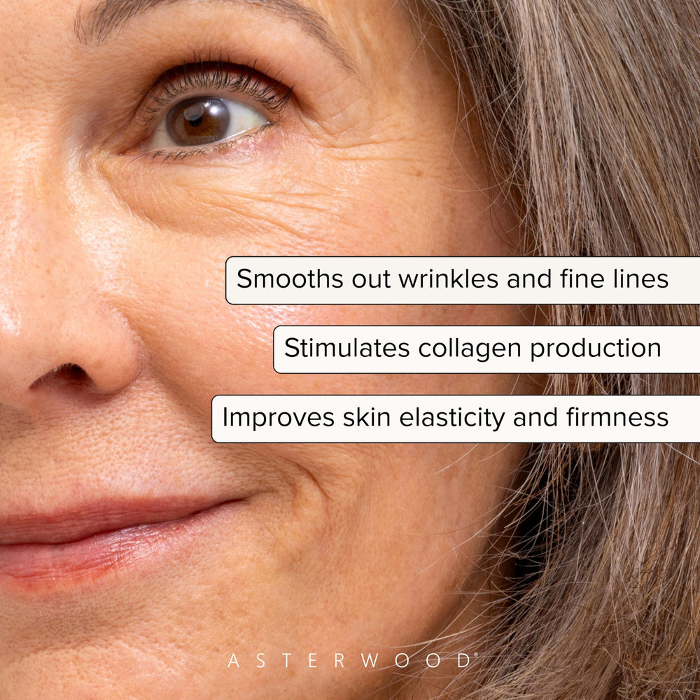 Asterwood Bakuchiol Serum closeup texture suggests smooth application and hydration.