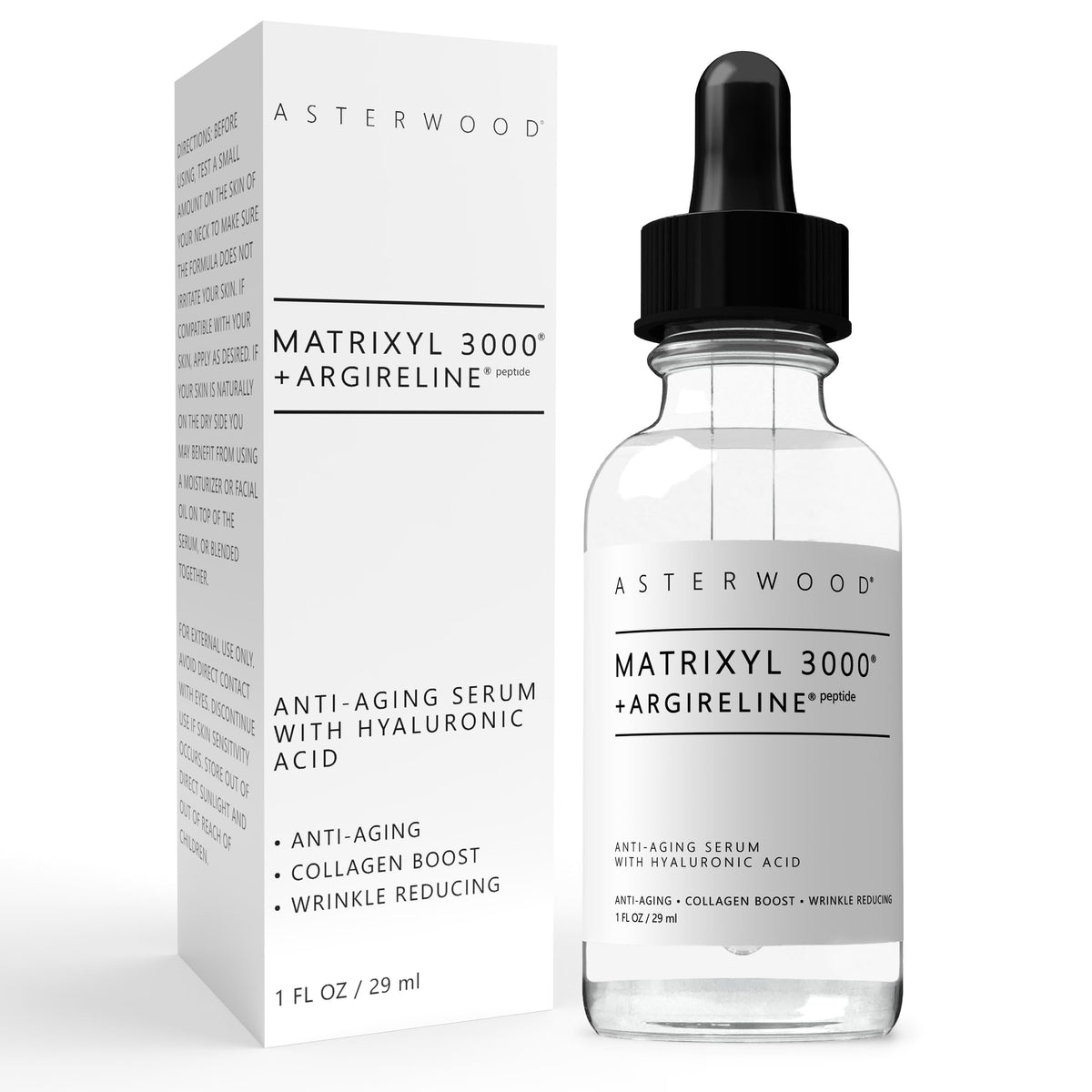 Asterwood Matrixyl 3000 Argireline serum bottle with dropper highlighting firmer-looking skin