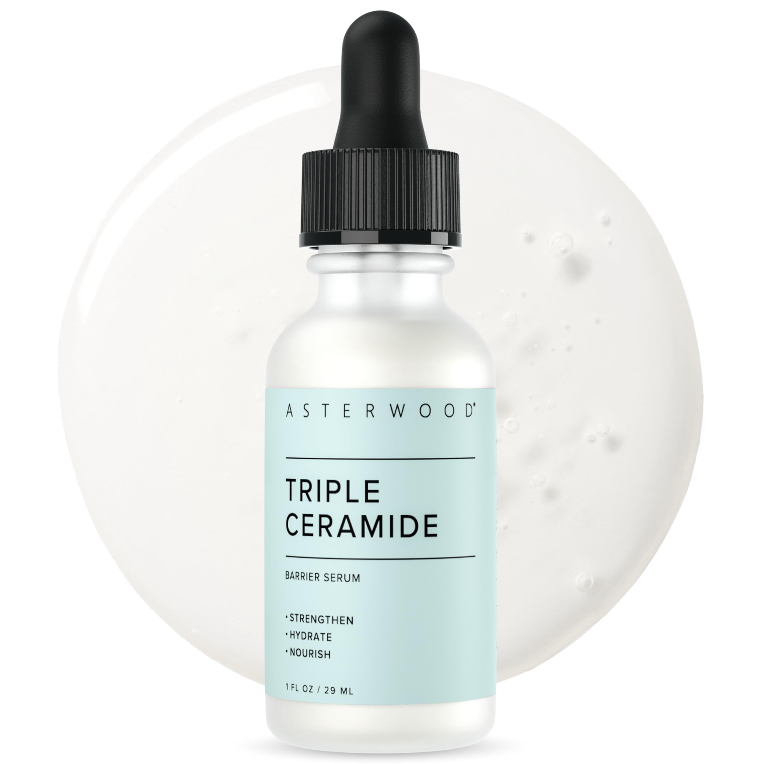 Asterwood Ceramide Barrier Serum bottle demonstrates barrier-restoring hydration for dry skin.