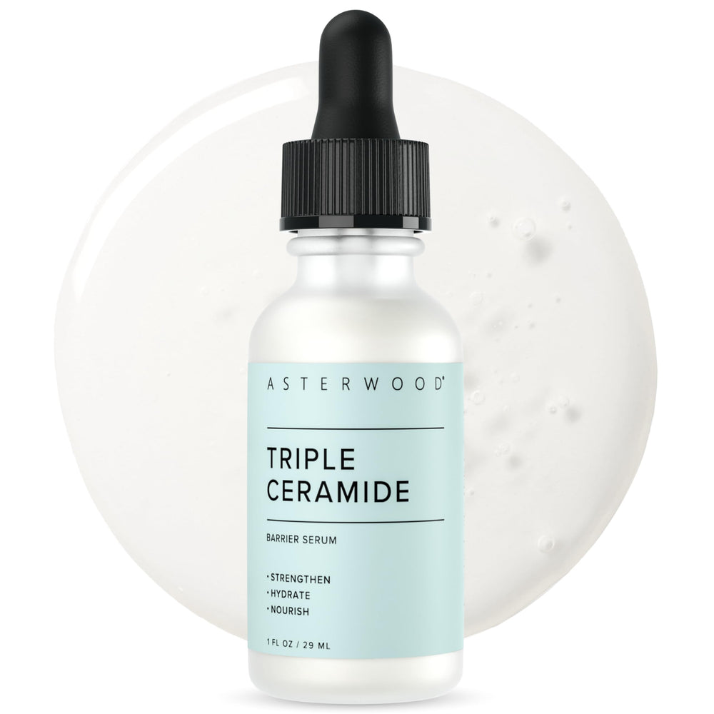 Asterwood Ceramide Barrier Serum bottle demonstrates barrier-restoring hydration for dry skin.