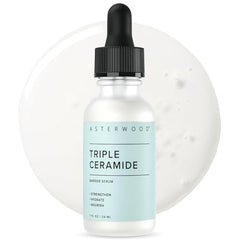 Asterwood Ceramide Barrier Serum bottle demonstrates barrier-restoring hydration for dry skin.