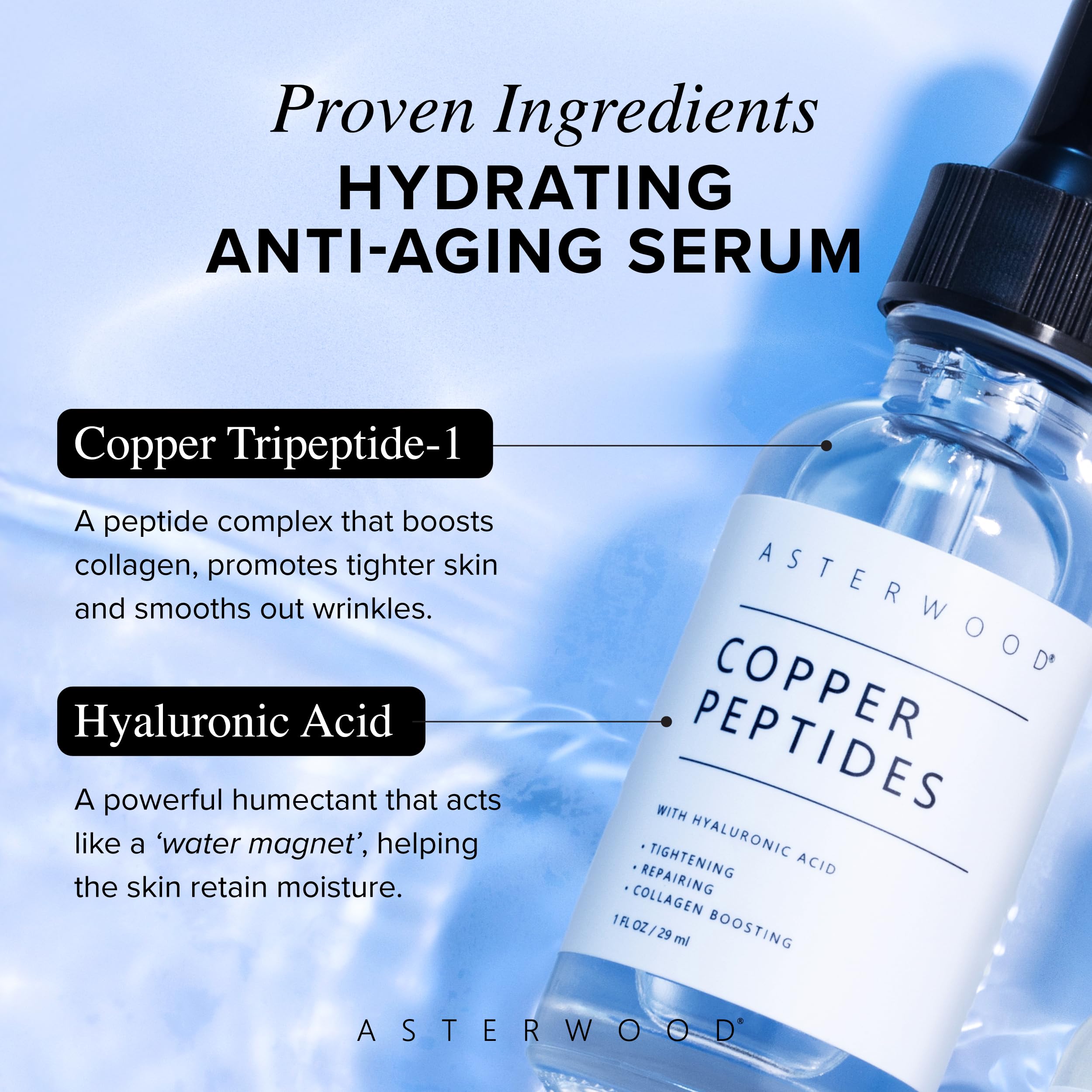 Asterwood copper peptide serum in use demonstrates quick absorption