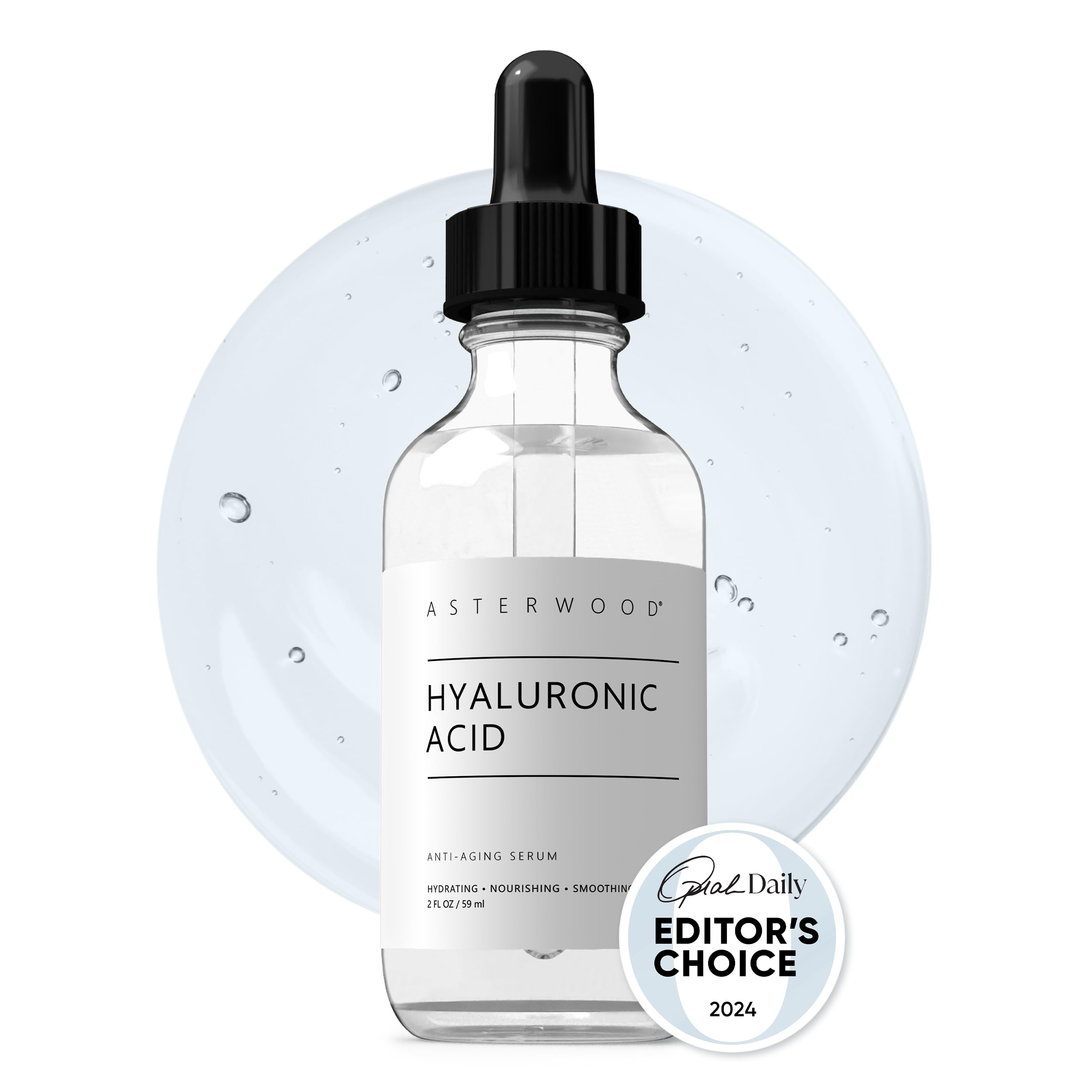 Asterwood Hyaluronic Acid Serum bottle pump demonstrates easy application for hydrating skin