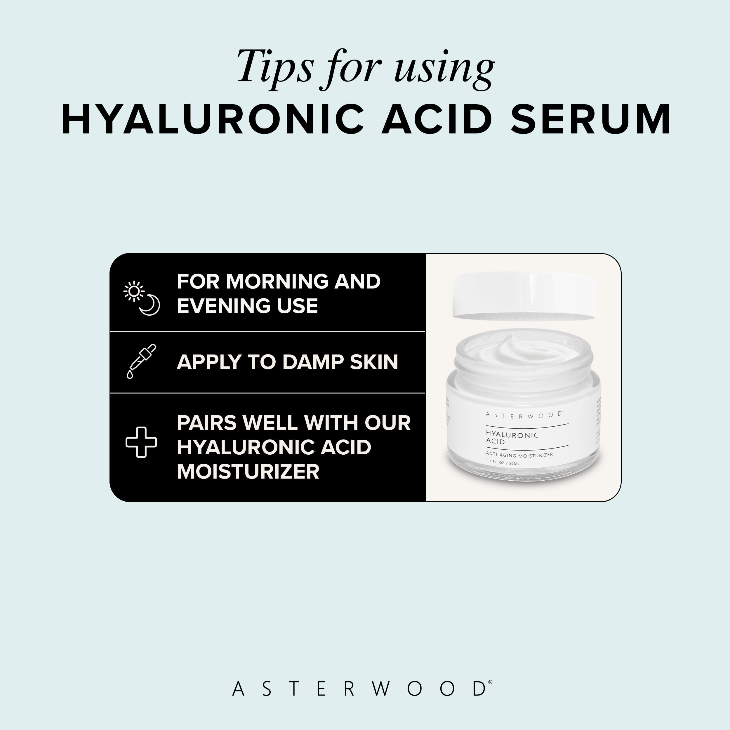 Asterwood Hyaluronic Serum on a bathroom shelf fits into your morning skincare routine.