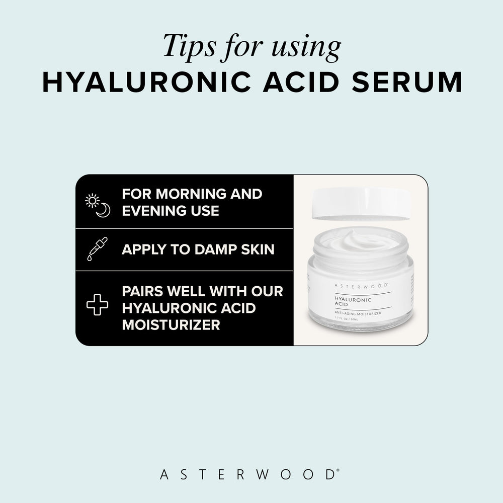 Asterwood Hyaluronic Serum on a bathroom shelf fits into your morning skincare routine.