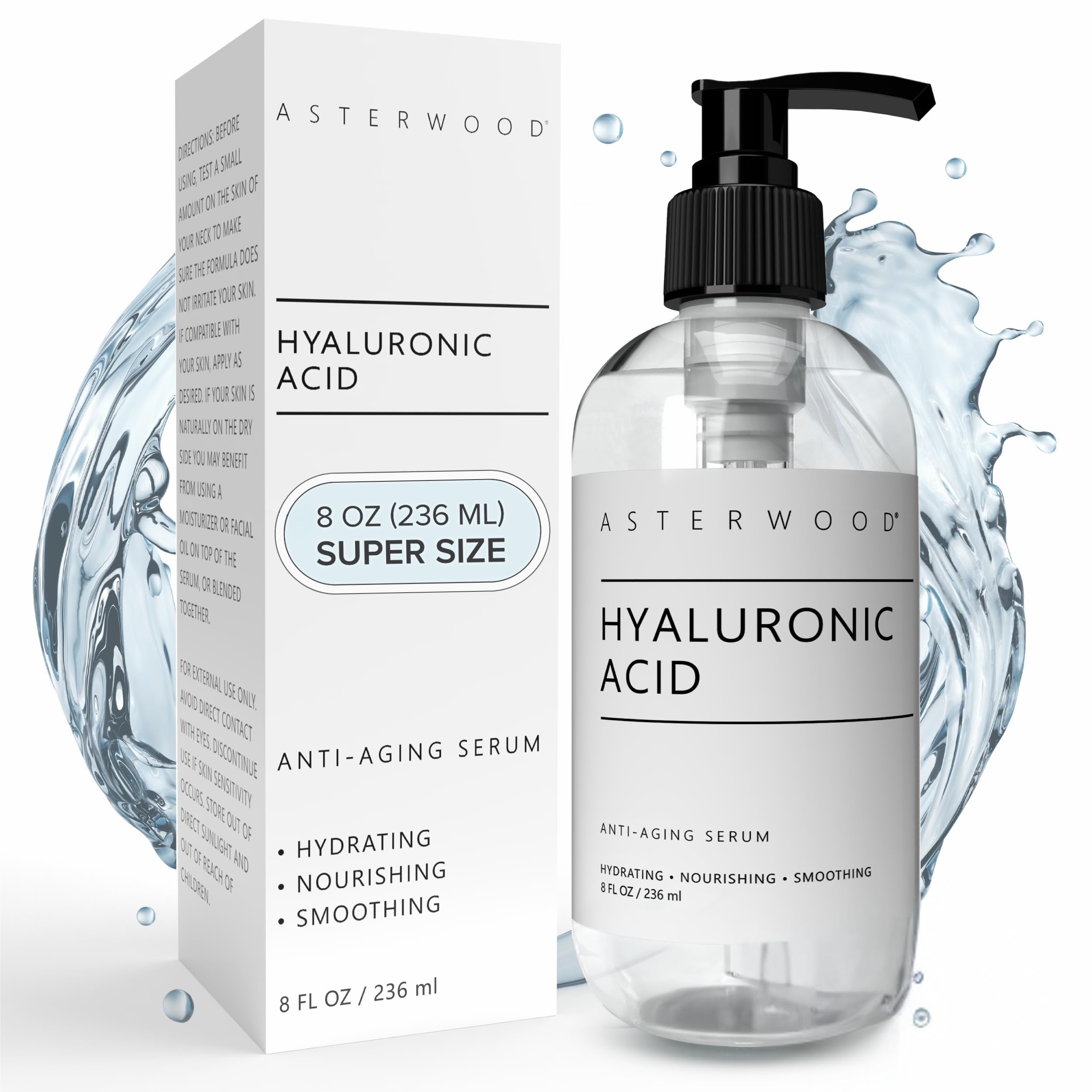 Asterwood Hyaluronic Serum bottle on a clean surface promotes daily hydration.