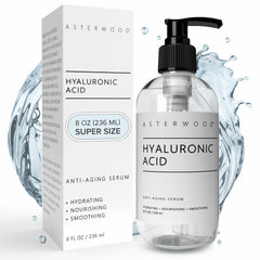 Asterwood Hyaluronic Serum bottle on a clean surface promotes daily hydration.