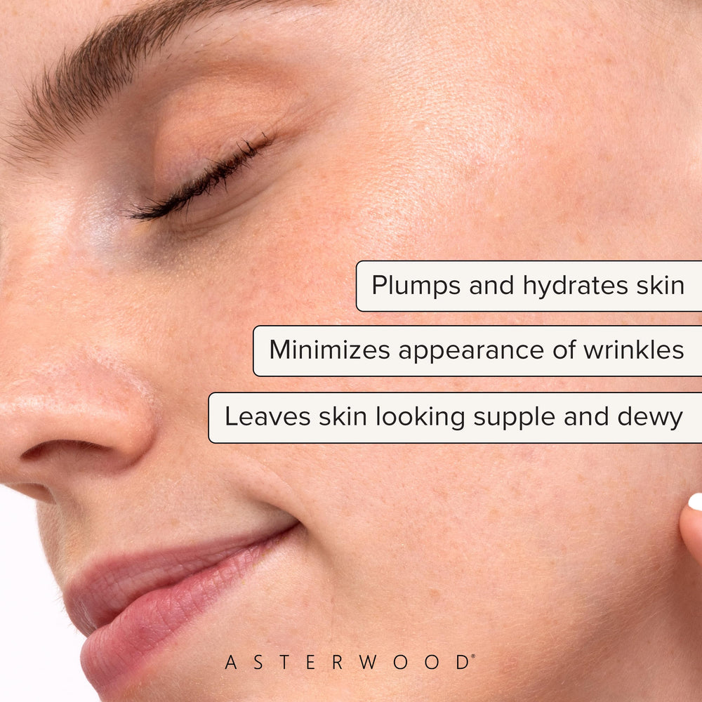 Asterwood Hyaluronic Serum dropper close-up highlights fragrance-free formula for sensitive skin.