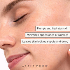 Asterwood Hyaluronic Serum dropper close-up highlights fragrance-free formula for sensitive skin.