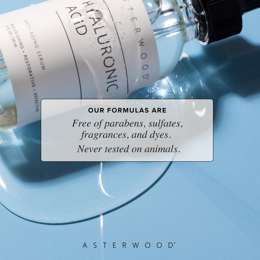 Asterwood Hyaluronic Serum applied to damp skin signals deeper absorption and plump-looking complexion.