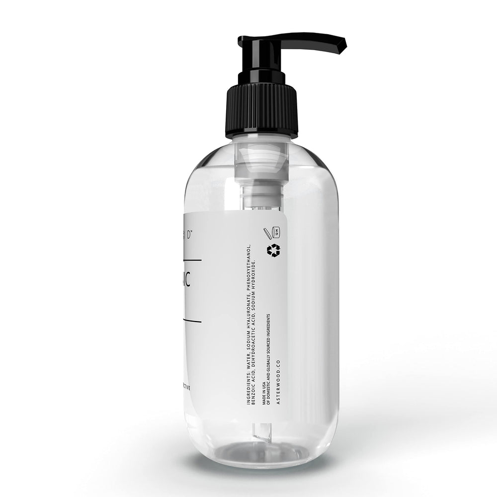 Asterwood Hyaluronic Serum packaging highlights vegan, fragrance-free, cruelty-free properties.