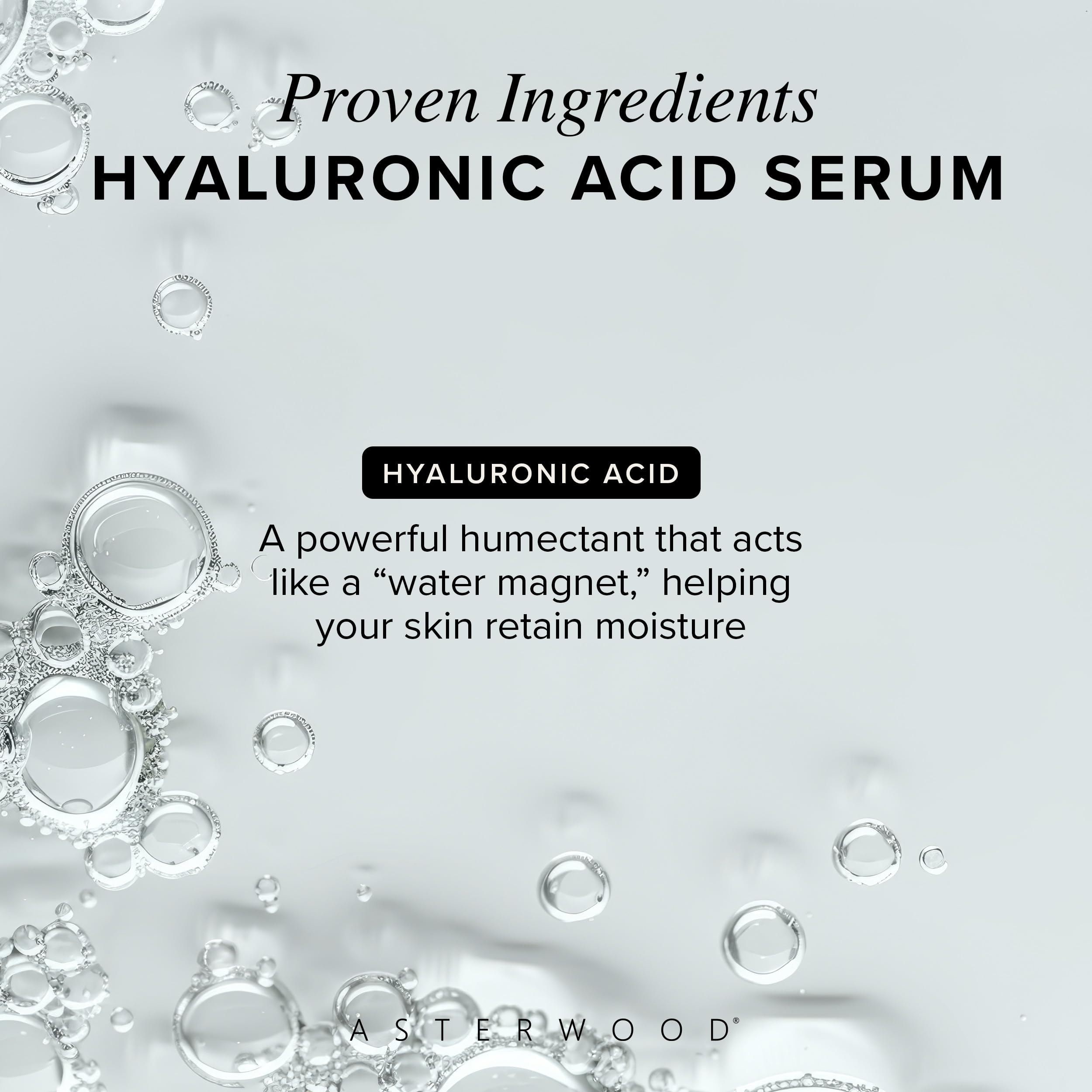 Asterwood Hyaluronic Serum texture-swirl reveals rich, non-sticky hydration feel.