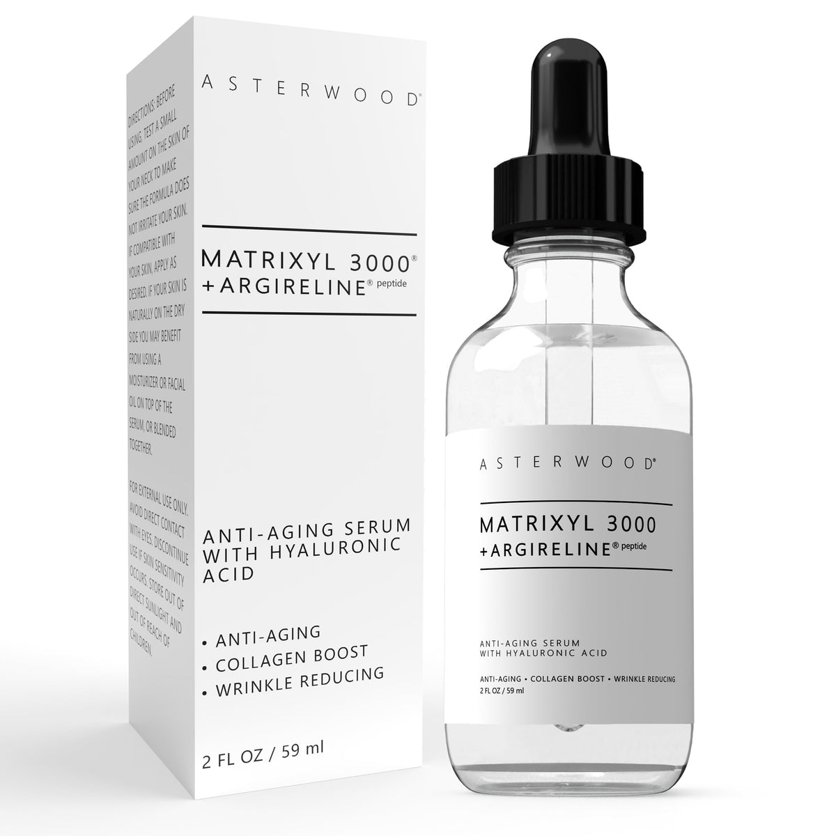 Asterwood Matrixyl 3000 + Argireline serum bottle highlights anti-aging formula for smoother-looking skin