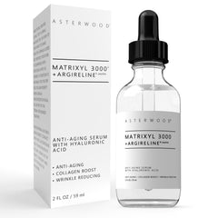 Asterwood Matrixyl 3000 + Argireline serum bottle highlights anti-aging formula for smoother-looking skin