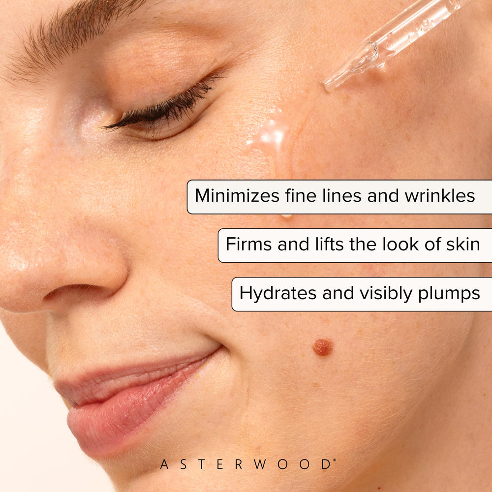 Asterwood serum texture application shot highlights quick absorption and non-greasy feel.