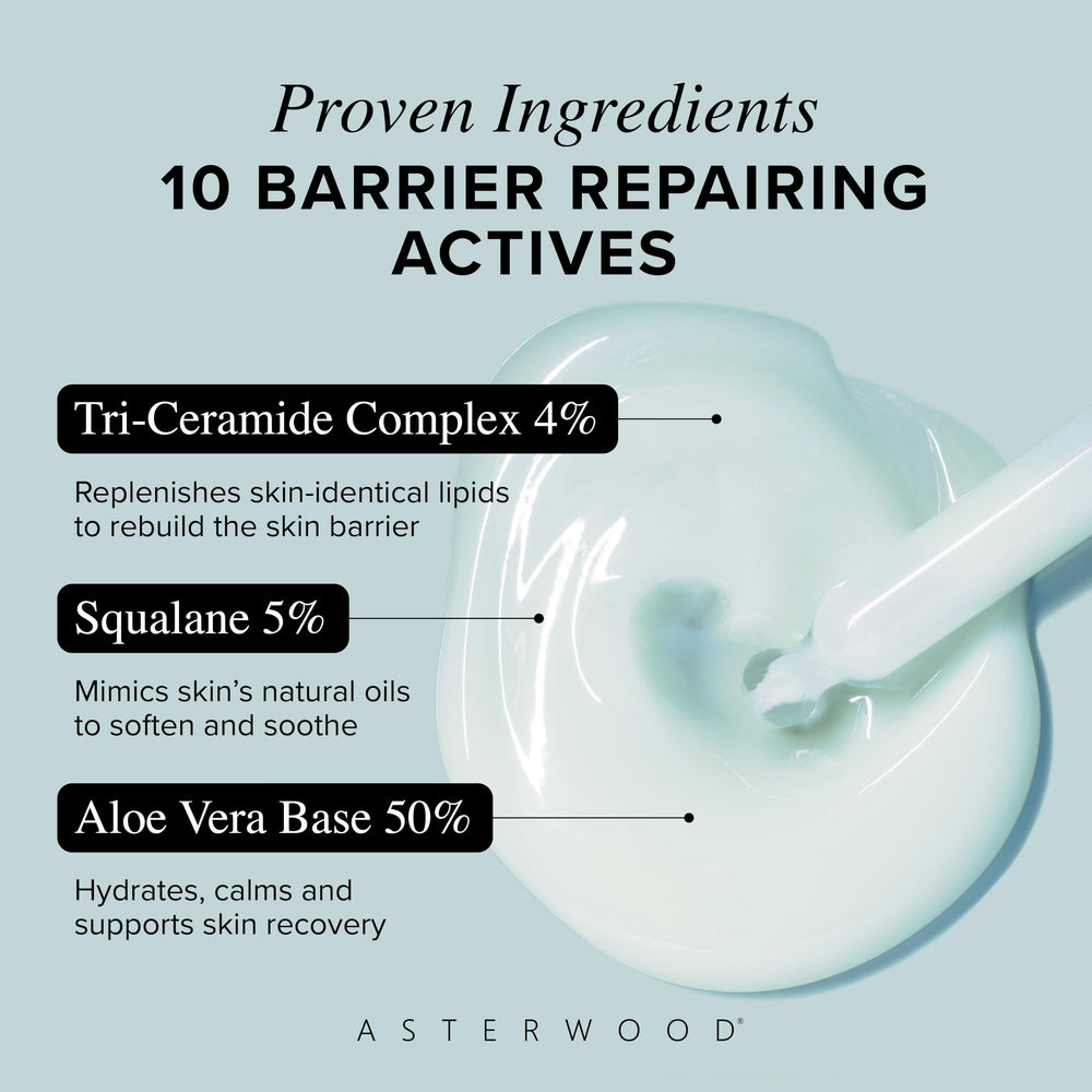 Asterwood Triple Ceramide Complex graphic illustrating strengthened healthy skin barrier.
