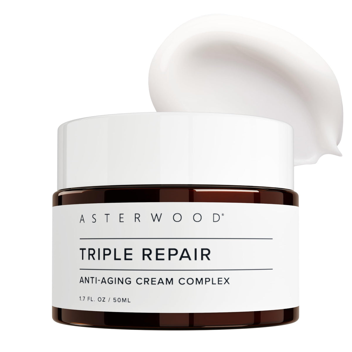 Asterwood triple repair cream tube close-up showcasing rich night cream texture for overnight hydration.