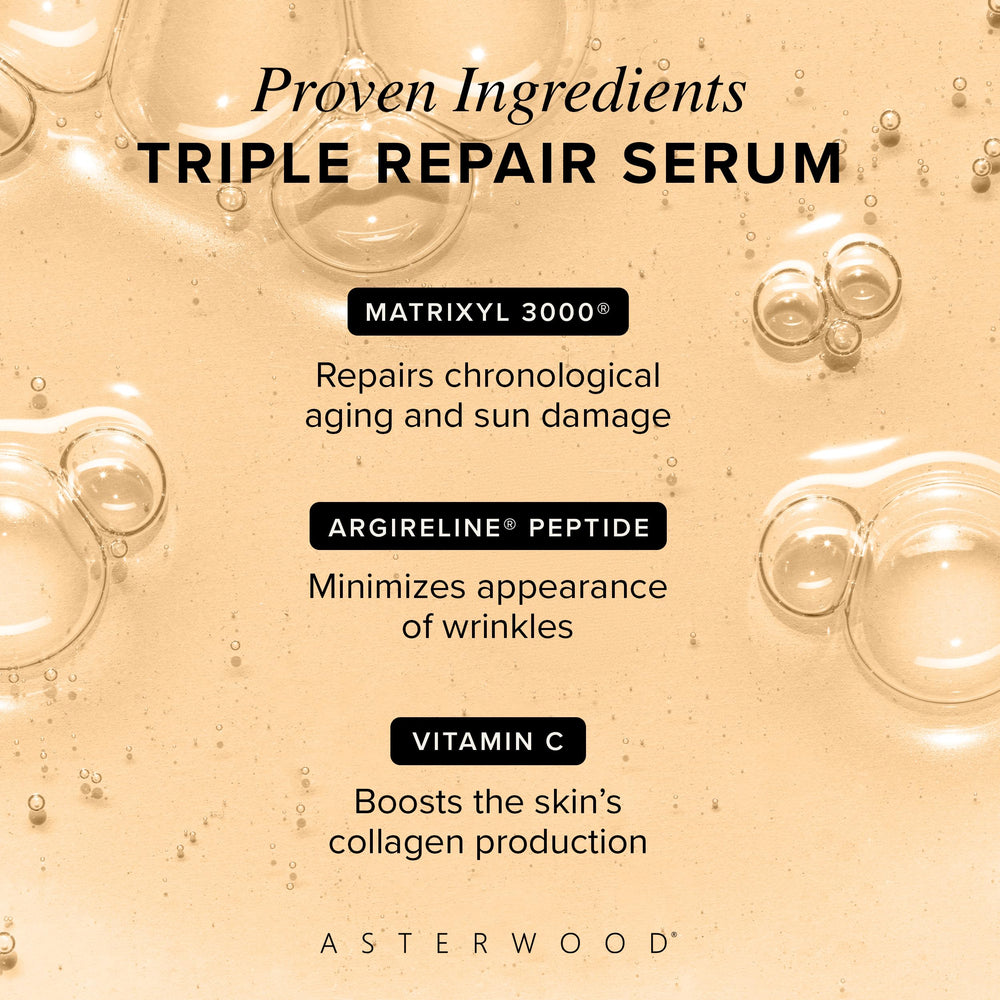 Asterwood Triple Repair Serum ingredients display highlights Vitamin C and Hyaluronic Acid.