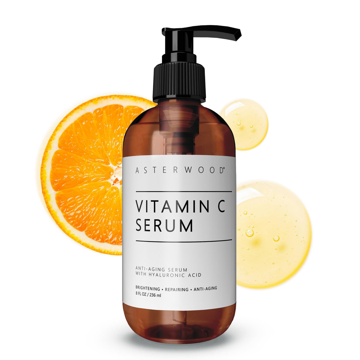 Asterwood Vitamin C Face Serum bottle closeup showing hydrating formula for radiant skin.