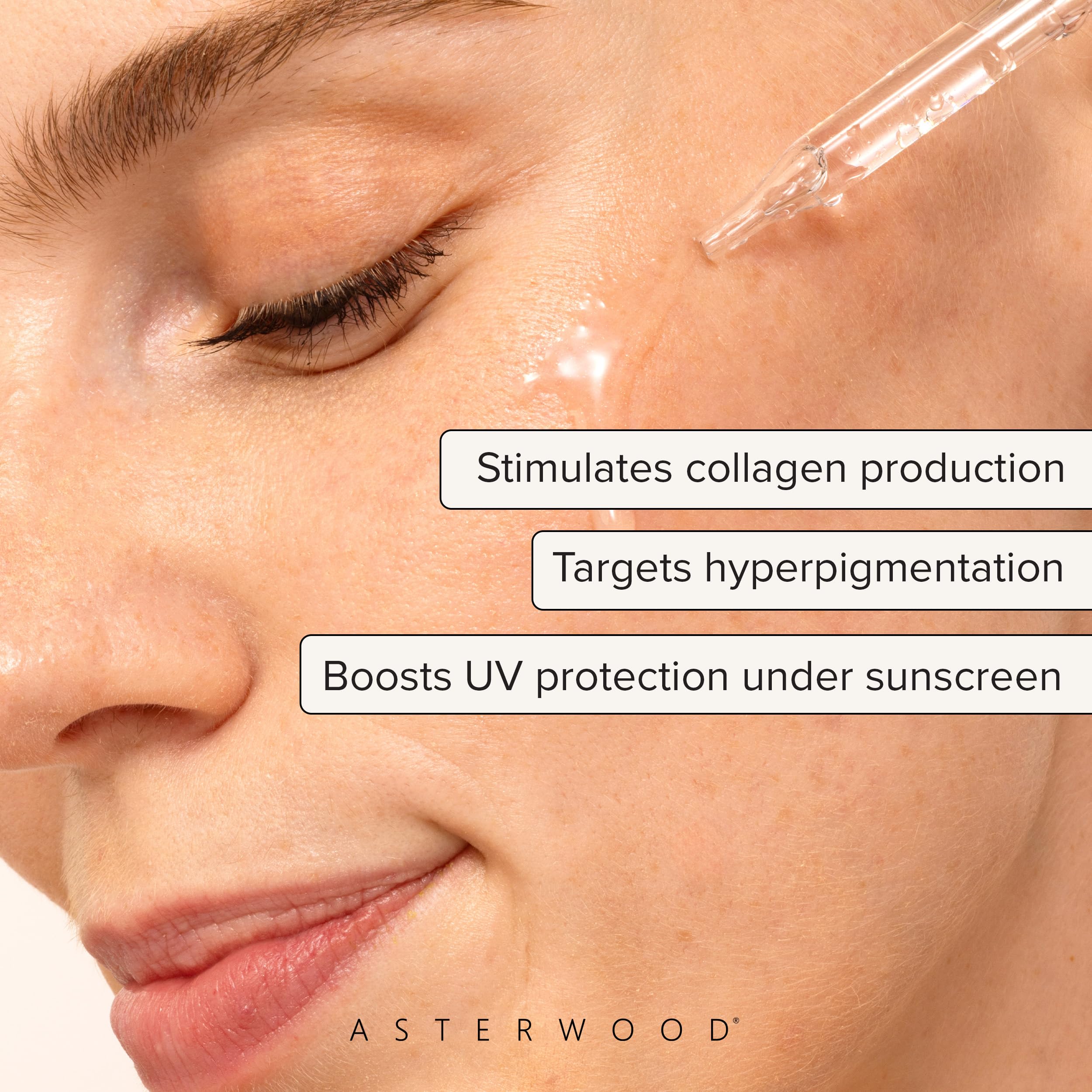Asterwood Vitamin C Face Serum dropper application demonstrating convenient daily hydration.