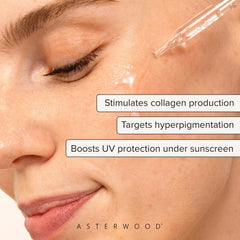 Asterwood Vitamin C Face Serum dropper application demonstrating convenient daily hydration.