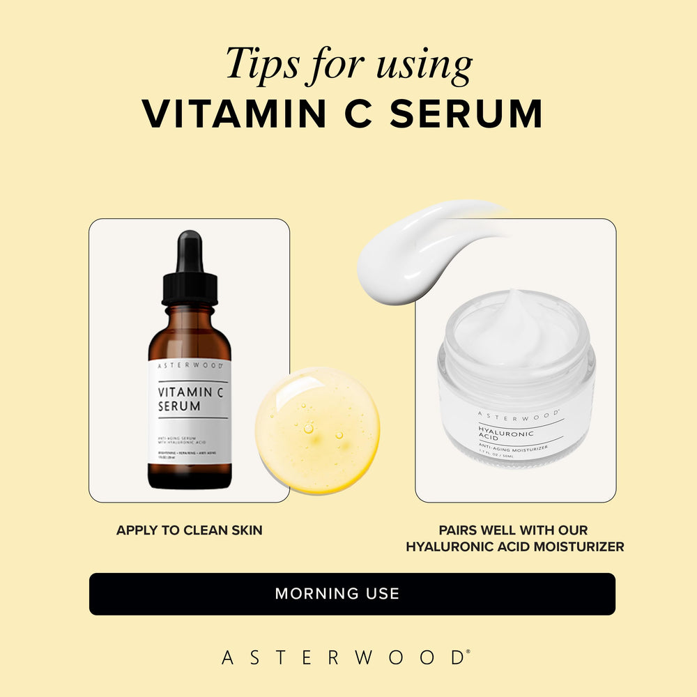 Asterwood Vitamin C Face Serum hyaluronic-acid boost supports plump, hydrated skin.