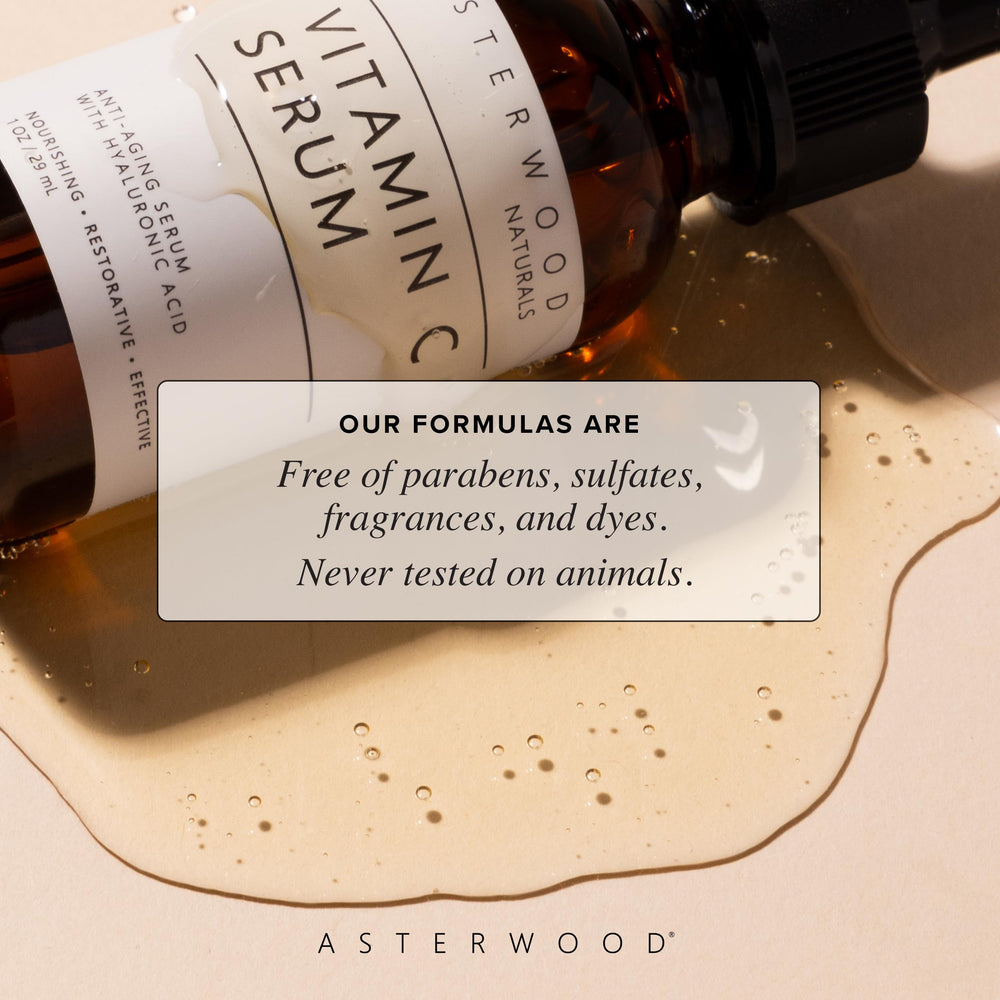 Asterwood Vitamin C Face Serum packaging box showcases vegan, cruelty-free skincare ethos.