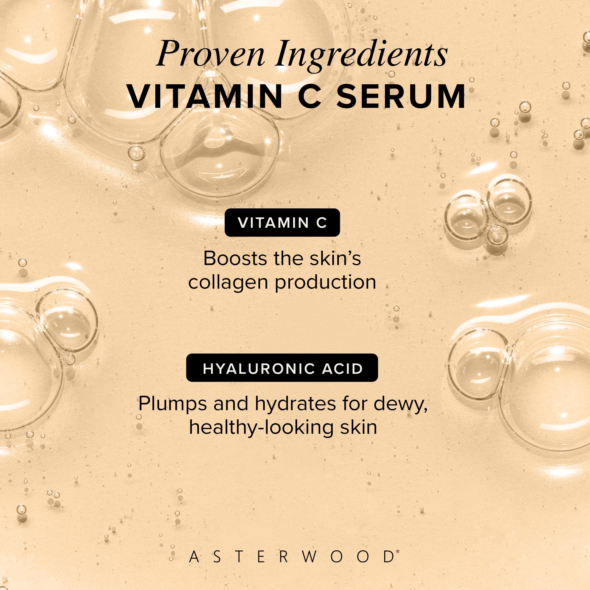 Asterwood Vitamin C Face Serum texture swirl highlights a smooth, fragrance-free formula.