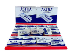Astra blue double-edge blades close-up highlighting premium sharpness.