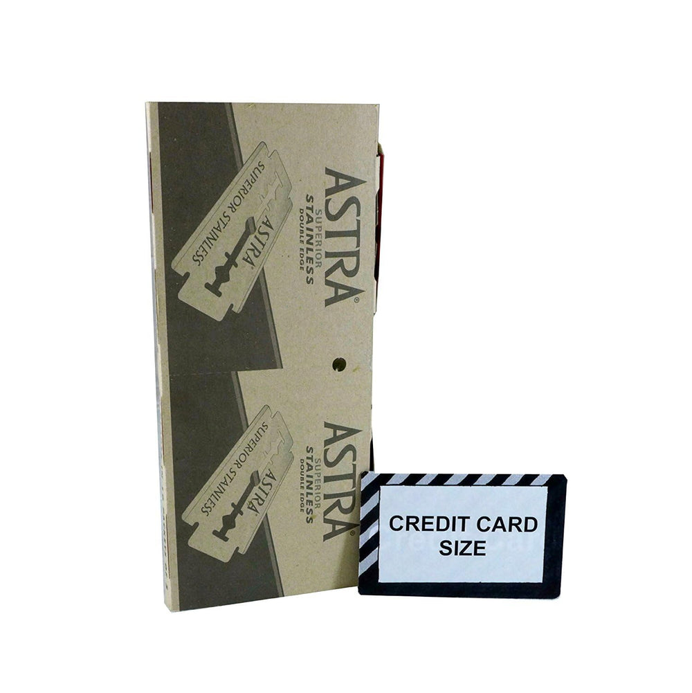 Astra blue blades packaging box emphasizes eco-friendly packaging.