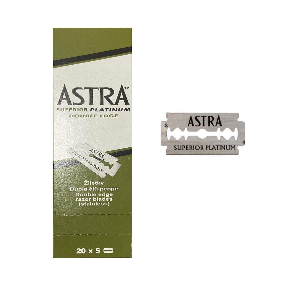 Astra Superior Platinum blades 200-pack cover shows durable double-edge blades for a smooth shave