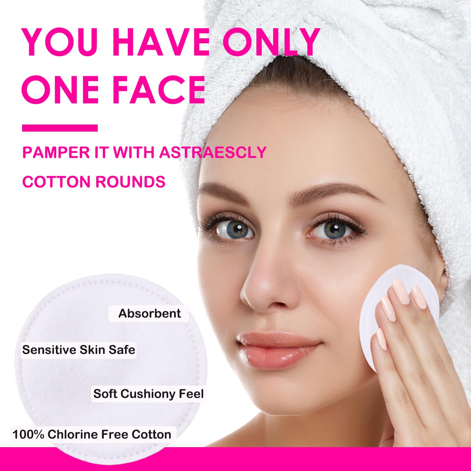 Astraescly cotton rounds used with serums or masks for even distribution on skin.