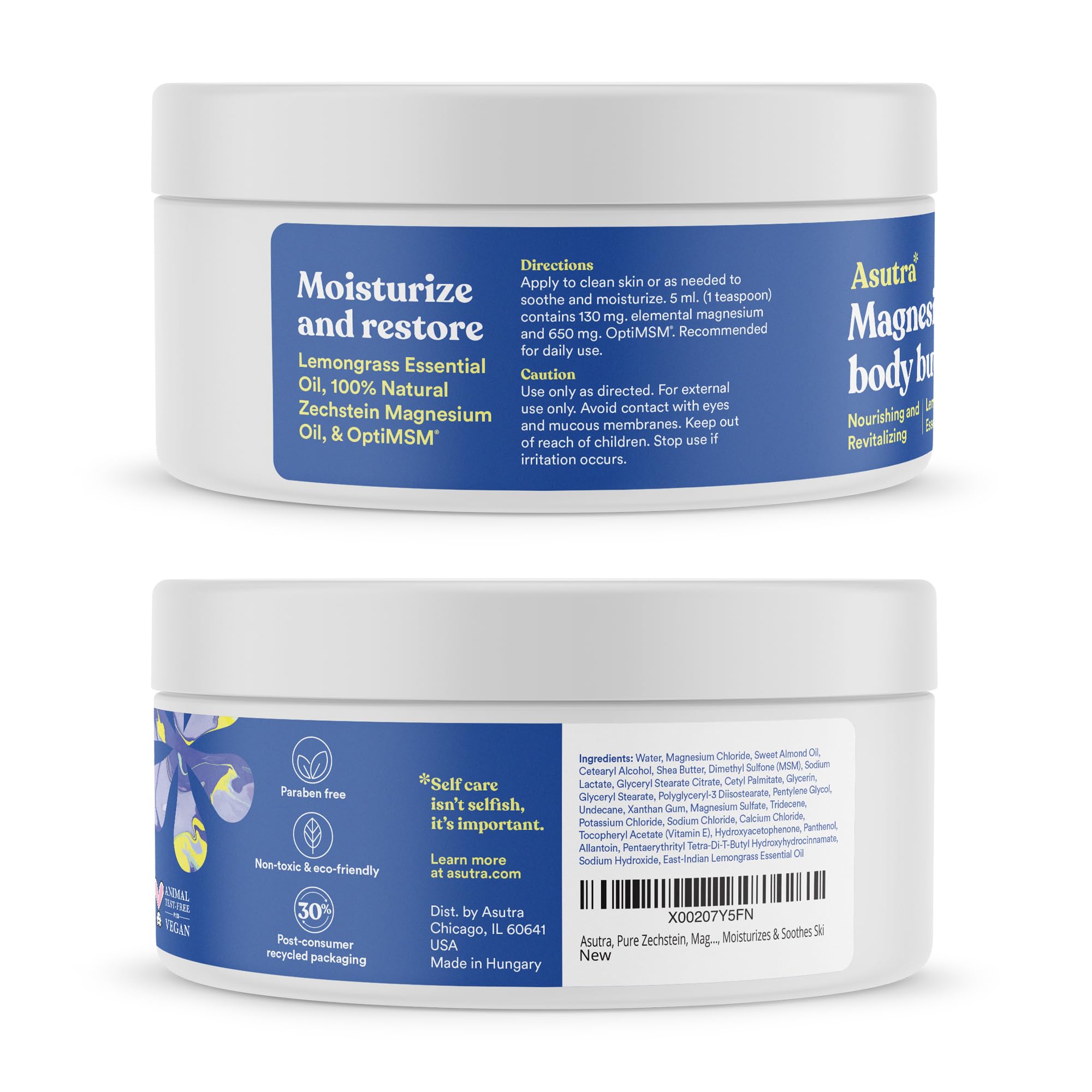 ASUTRA Magnesium Body Butter Lotion ingredients — shea butter and almond oil for softness.