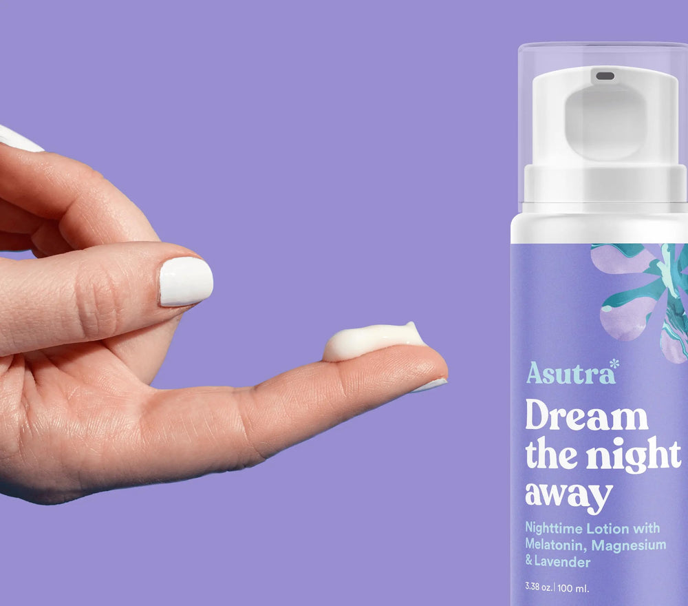 ASUTRA Melatonin Lotion lavender aromatherapy scene for bedtime relaxation.