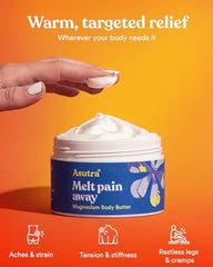 ASUTRA Melt Pain Away cream texture illustrating smooth, non-greasy absorption.