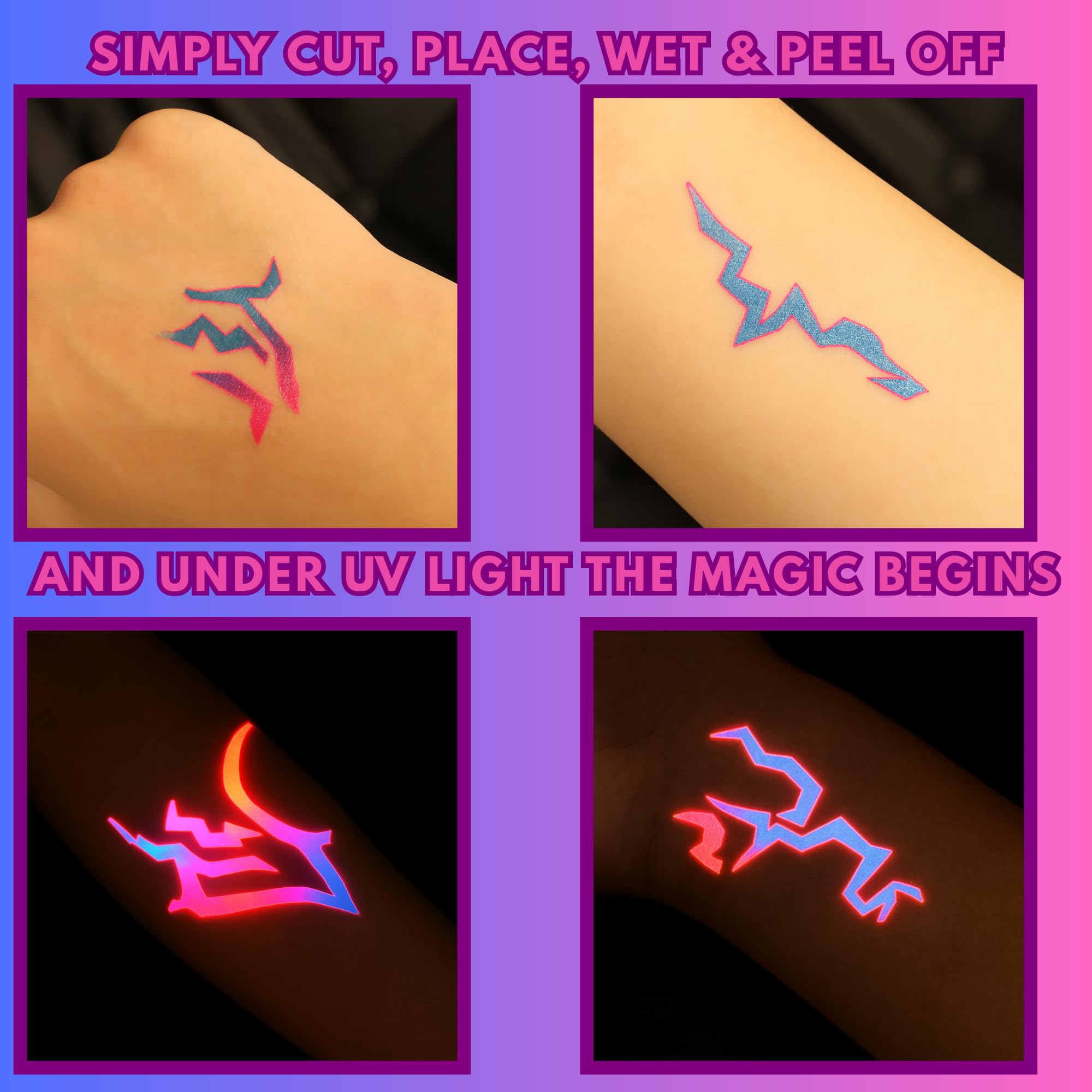 ASVP Shop UV Shine neon tattoos offer festival glow under UV light.