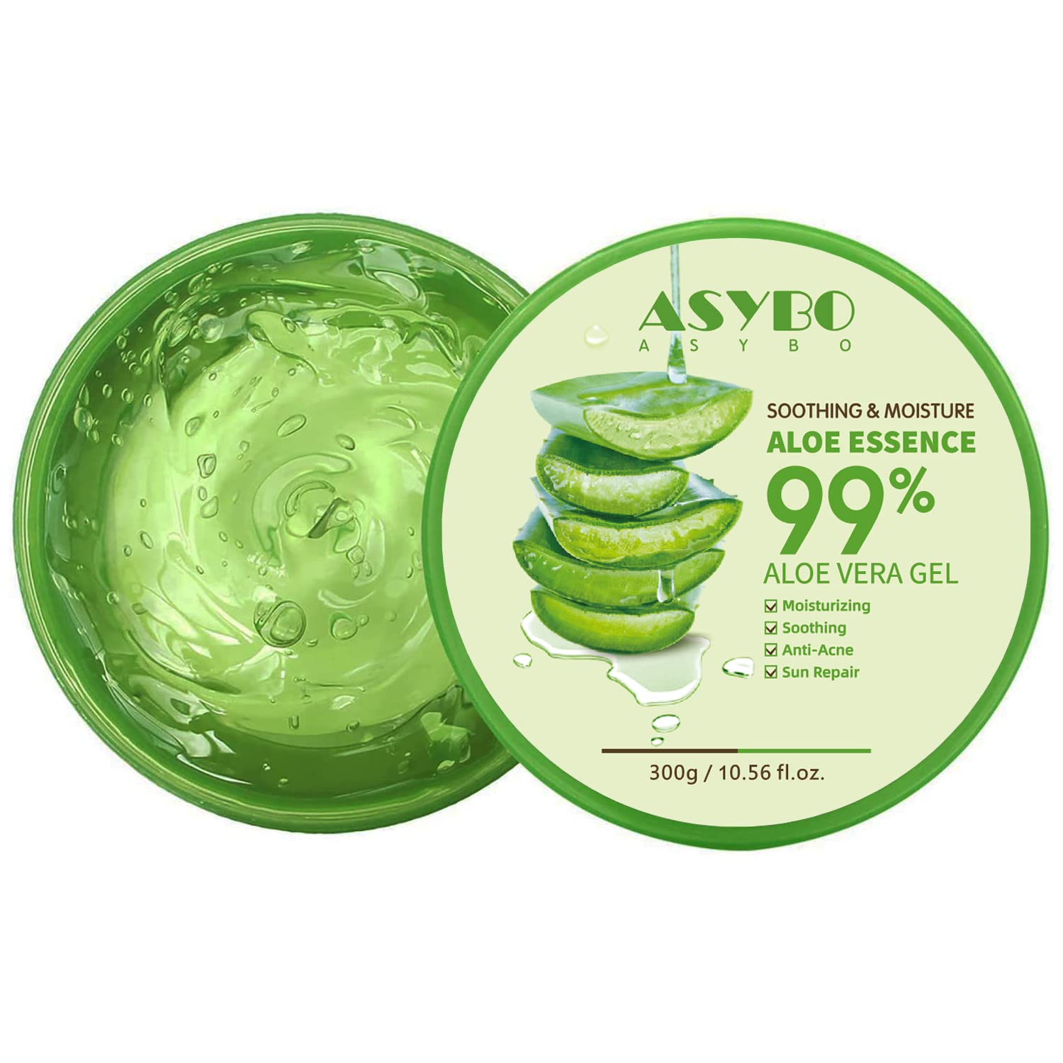 ASYBO gel aloe vera 300 ml, hidratación suave para rostro y cuerpo