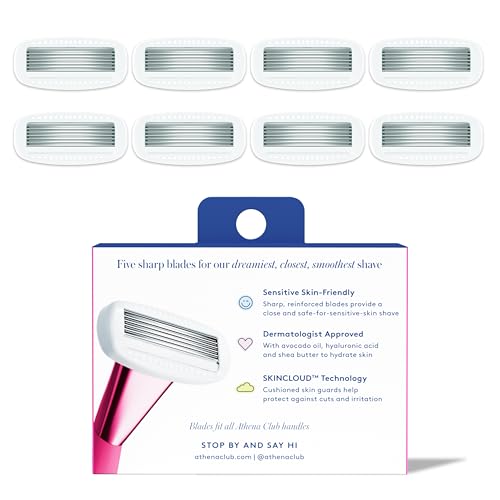 Athena Club blade refills feature hyaluronic serum for hydrating comfort during shaving.