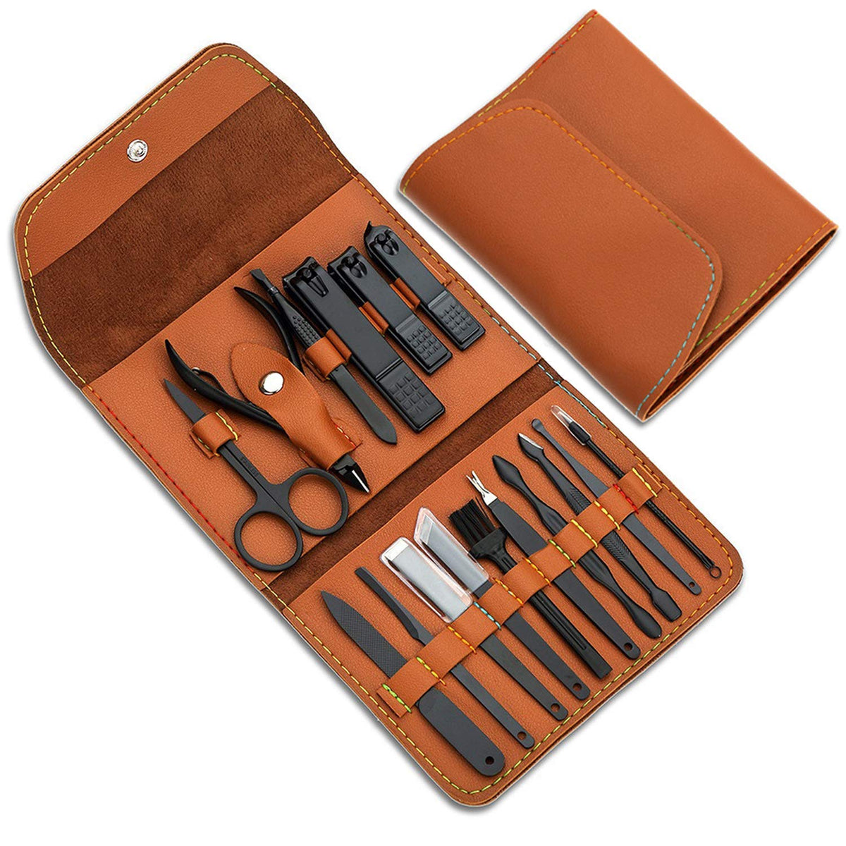 ATIMIER manicure set brown case open shows travel-ready grooming versatility.