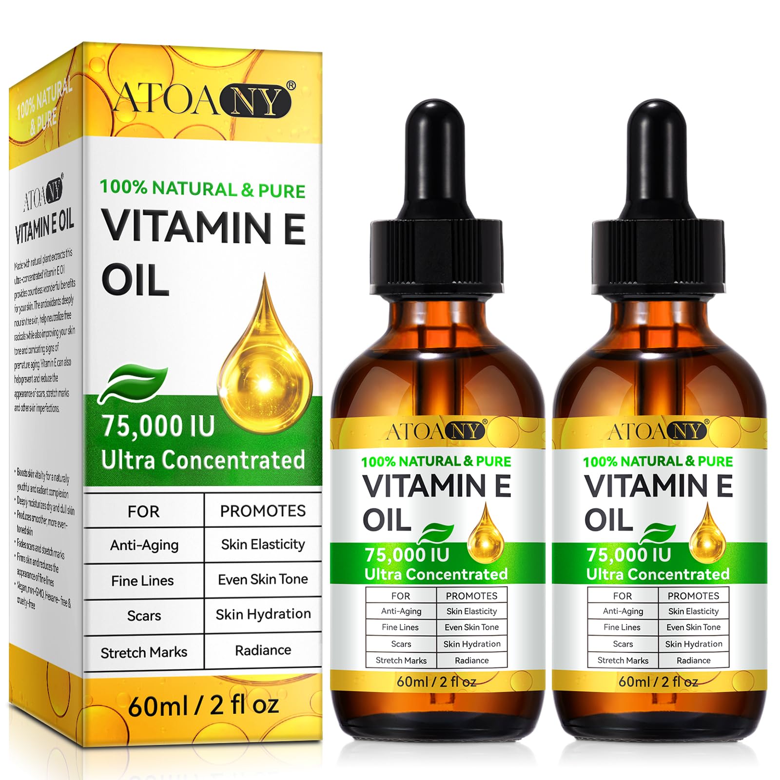 ATOANY Vitamin E Oil bottle shows antioxidant protection for skin hydration and glow.