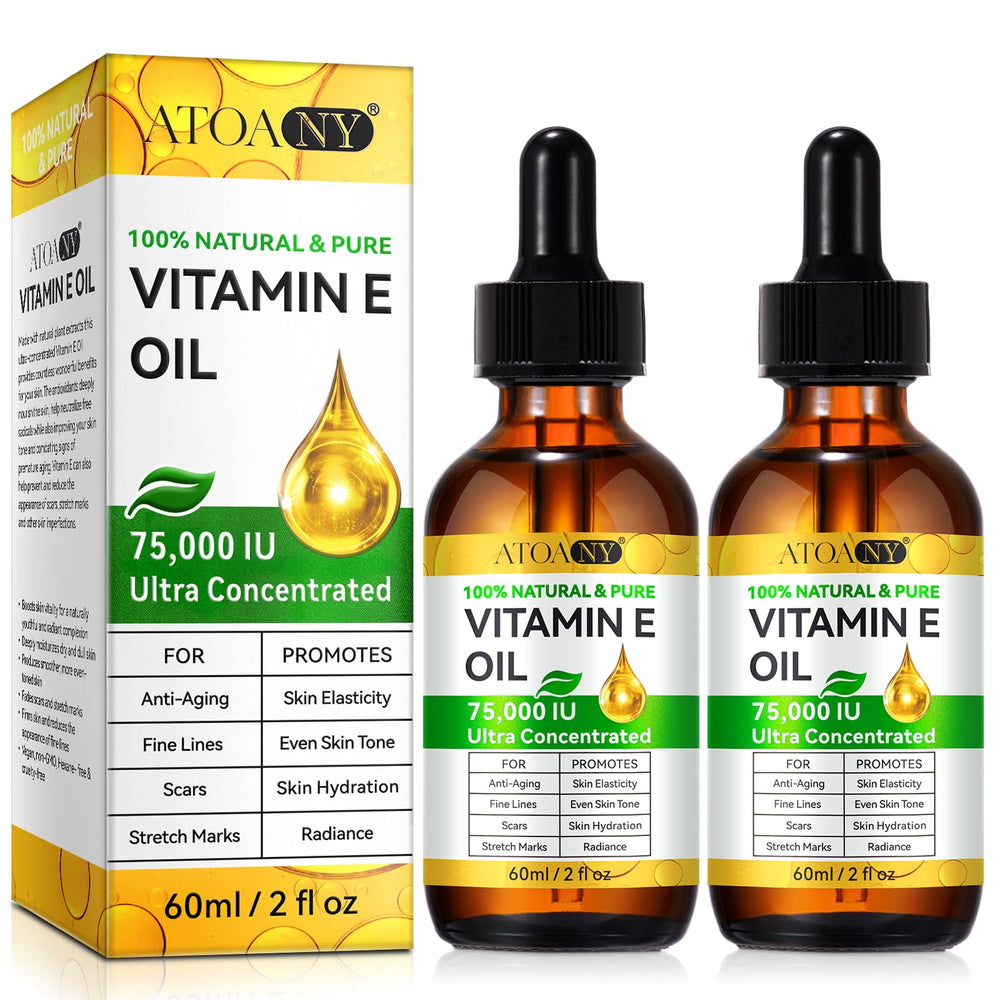 ATOANY Vitamin E Oil bottle shows antioxidant protection for skin hydration and glow.