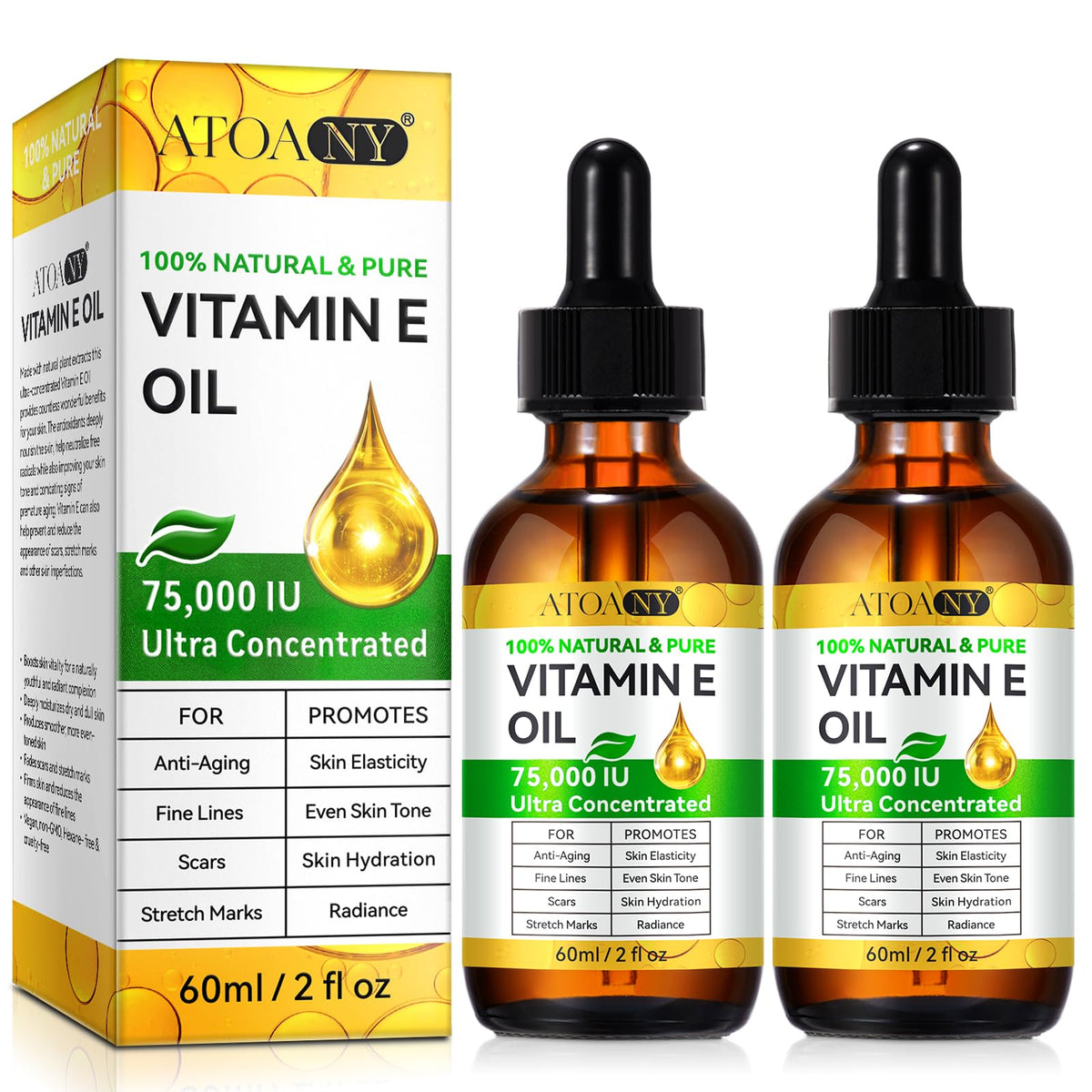 ATOANY Vitamin E Oil bottle shows antioxidant protection for skin hydration and glow.