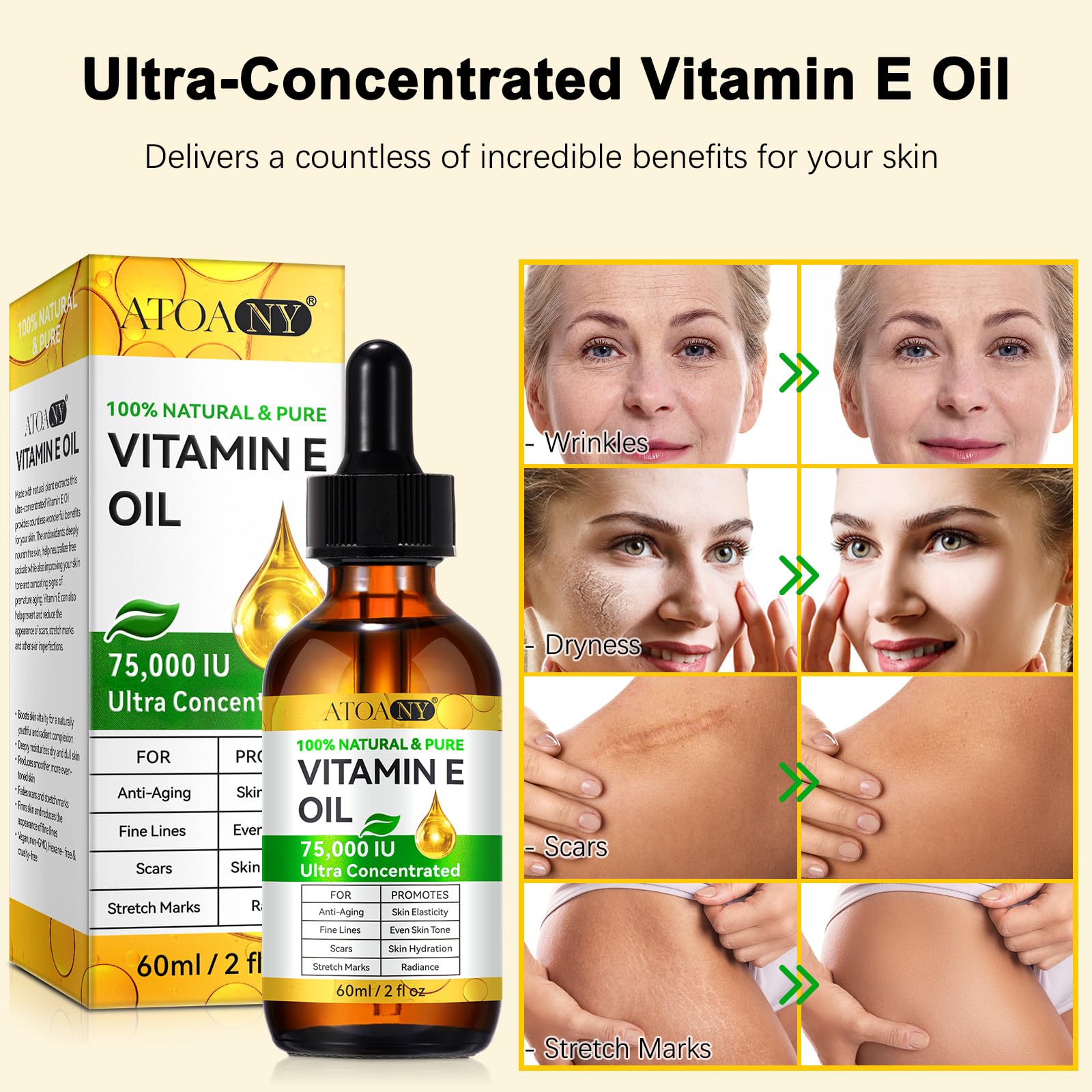 ATOANY Vitamin E Oil at hair ends tames frizz and adds shine.